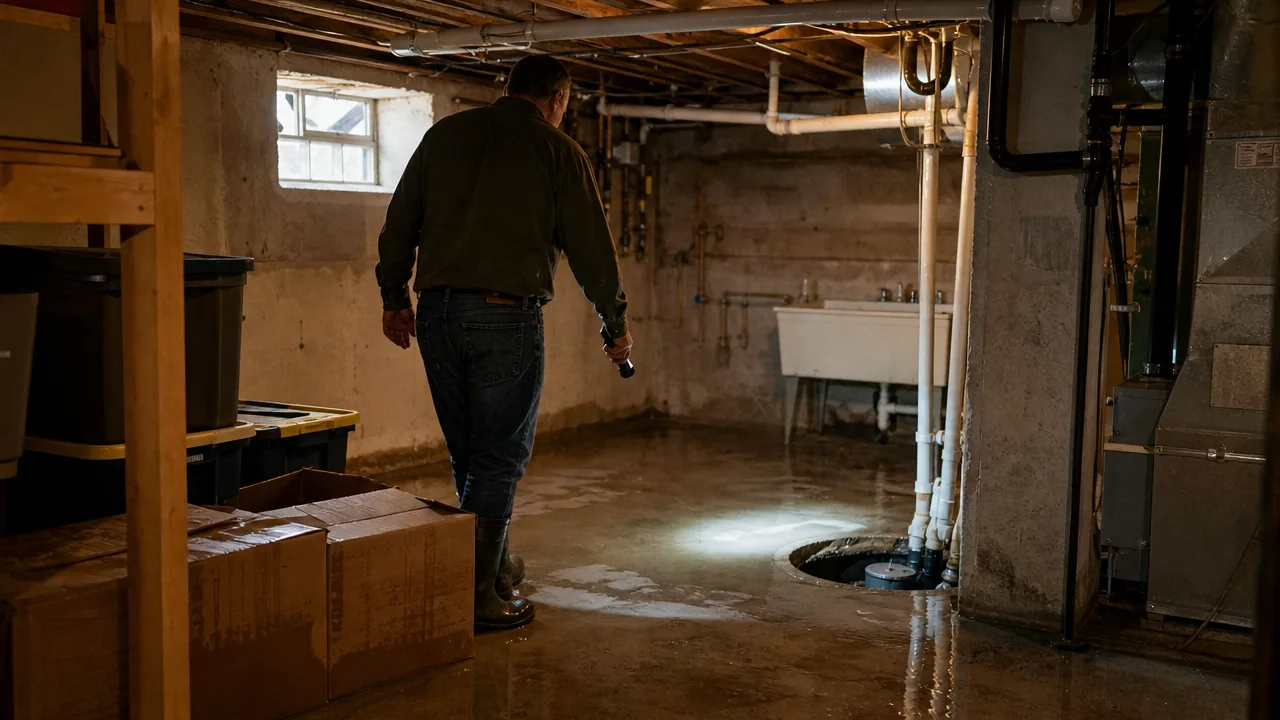 A homeowner in rubber boots holding a flashlight, inspecting water pooled acros… A homeowner in rubber boots holding a flashlight, inspecting water pooled across the floor of a partially finished Chicago basement near a sump pump pit and utility sink