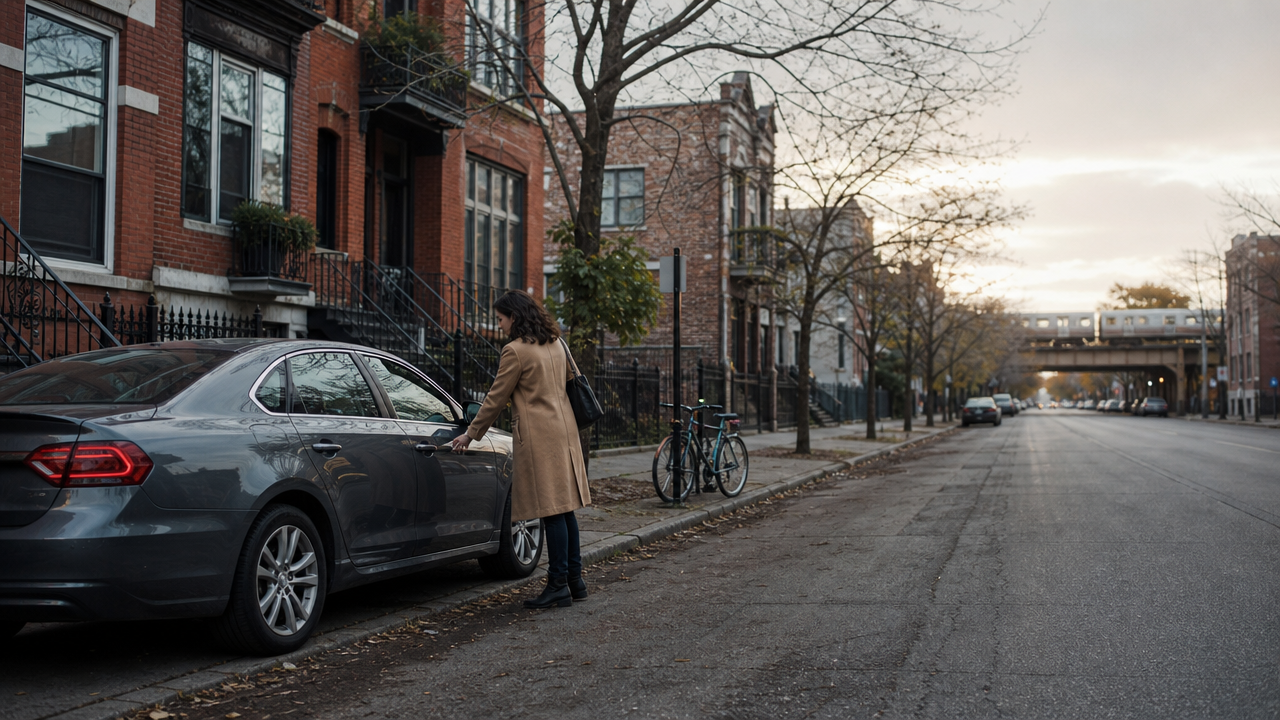 A woman in a camel wool coat unlocking her dark gray sedan parallel-parked A woman in a camel wool coat unlocking her dark gray sedan parallel-parked on a Chicago neighborhood street of brick two-flats, bicycles locked to a signpost and an elevated train track visible down the road