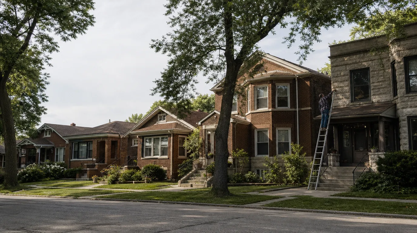 A row of classic Chicago brick bungalows and a greystone two-flat A row of classic Chicago brick bungalows and a greystone two-flat on a tree-lined block, with a homeowner in a flannel shirt inspecting his front gutter from a ladder