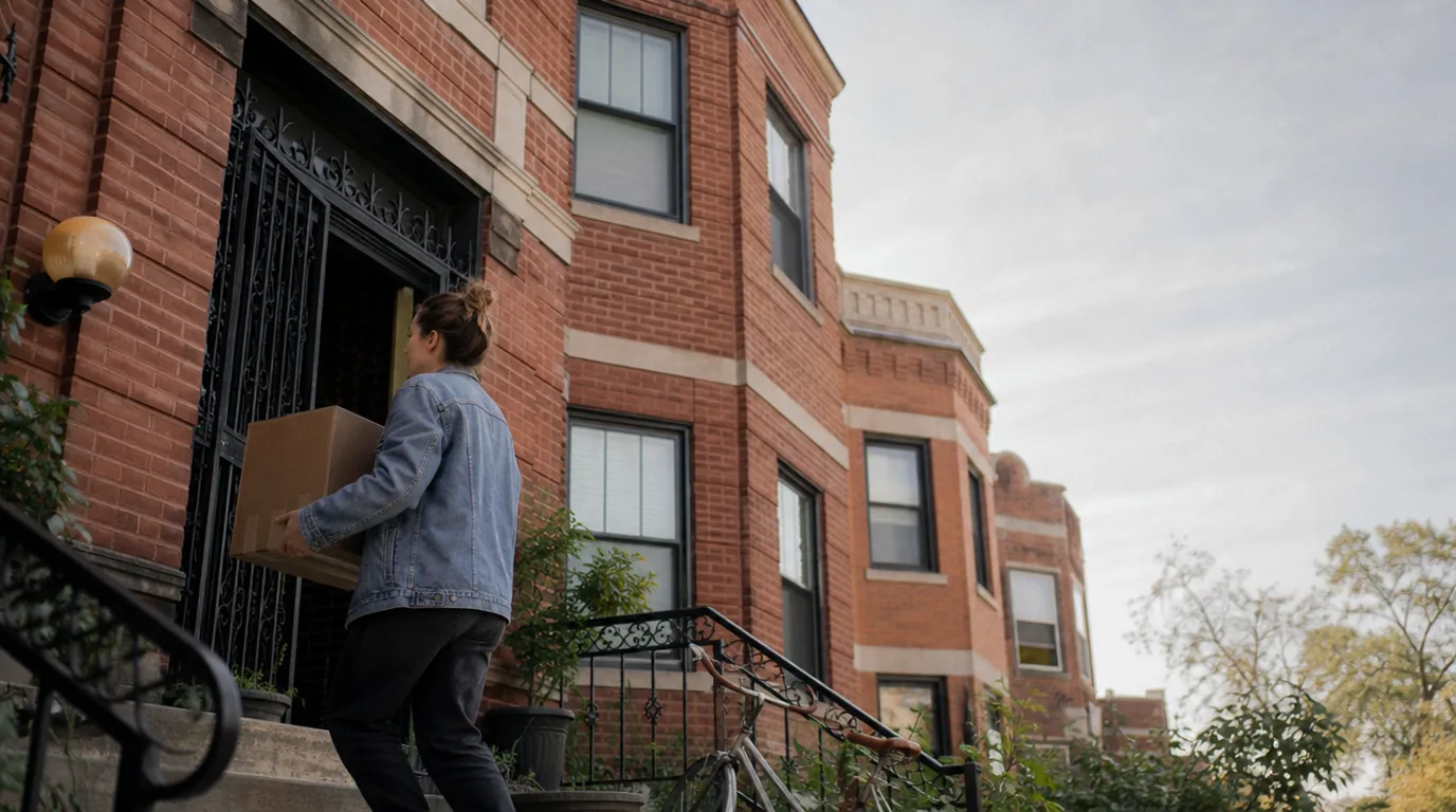 A woman in a denim jacket carrying a cardboard moving box up the steps of a cla… A woman in a denim jacket carrying a cardboard moving box up the steps of a classic Chicago brick three-flat walk-up apartment building, a bicycle leaning on the railing beside her