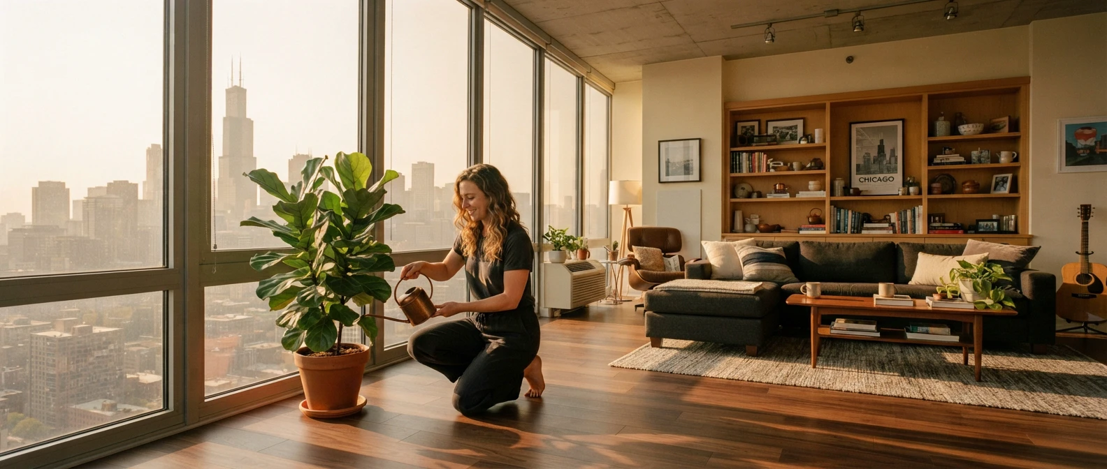 Modern Chicago condo interior Modern Chicago condo interior with floor-to-ceiling windows framing the downtown skyline, mid-century built-in shelving, walnut floors, and a fiddle-leaf fig near the glass — a typical view from a Gold Coast or Streeterville condo unit