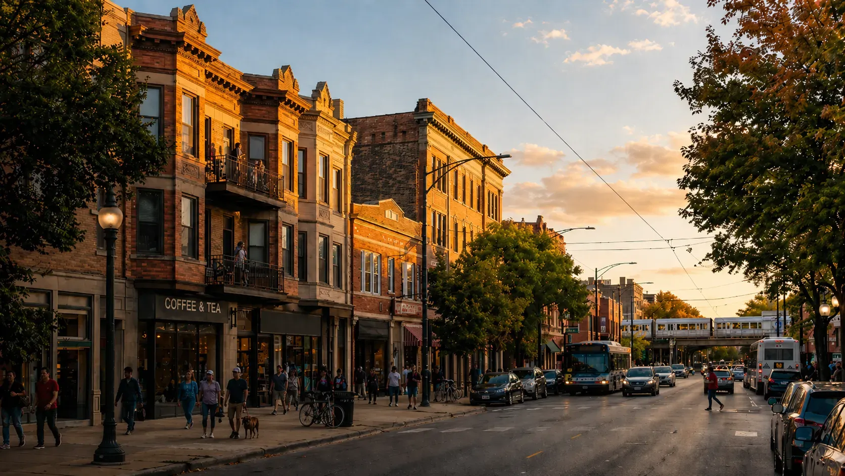Chicago neighborhood street at golden hour with brick storefronts and an L train passing by