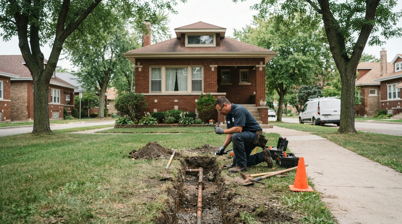 A plumbing professional inspecting an exposed water service line A plumbing professional inspecting an exposed water service line in the front yard of a classic Chicago brick bungalow on a tree-lined residential block