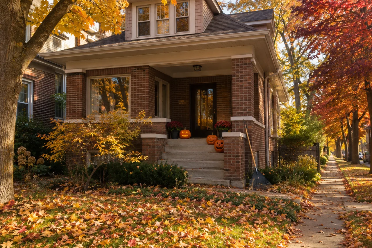 Brick Chicago bungalow in October Brick Chicago bungalow in October with red and gold maple leaves on the lawn and carved pumpkins on the front steps