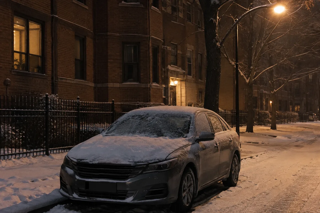 Sedan parked on a snowy Chicago side street at night under a streetlight Sedan parked on a snowy Chicago side street at night under a streetlight with brick apartment buildings behind