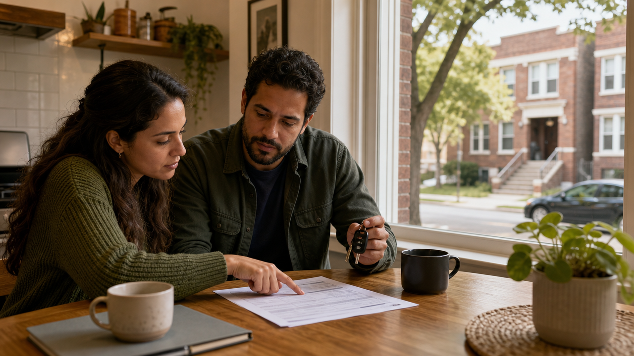 Illinois couple reviewing home and auto insurance at a kitchen table Illinois couple reviewing home and auto insurance at a kitchen table