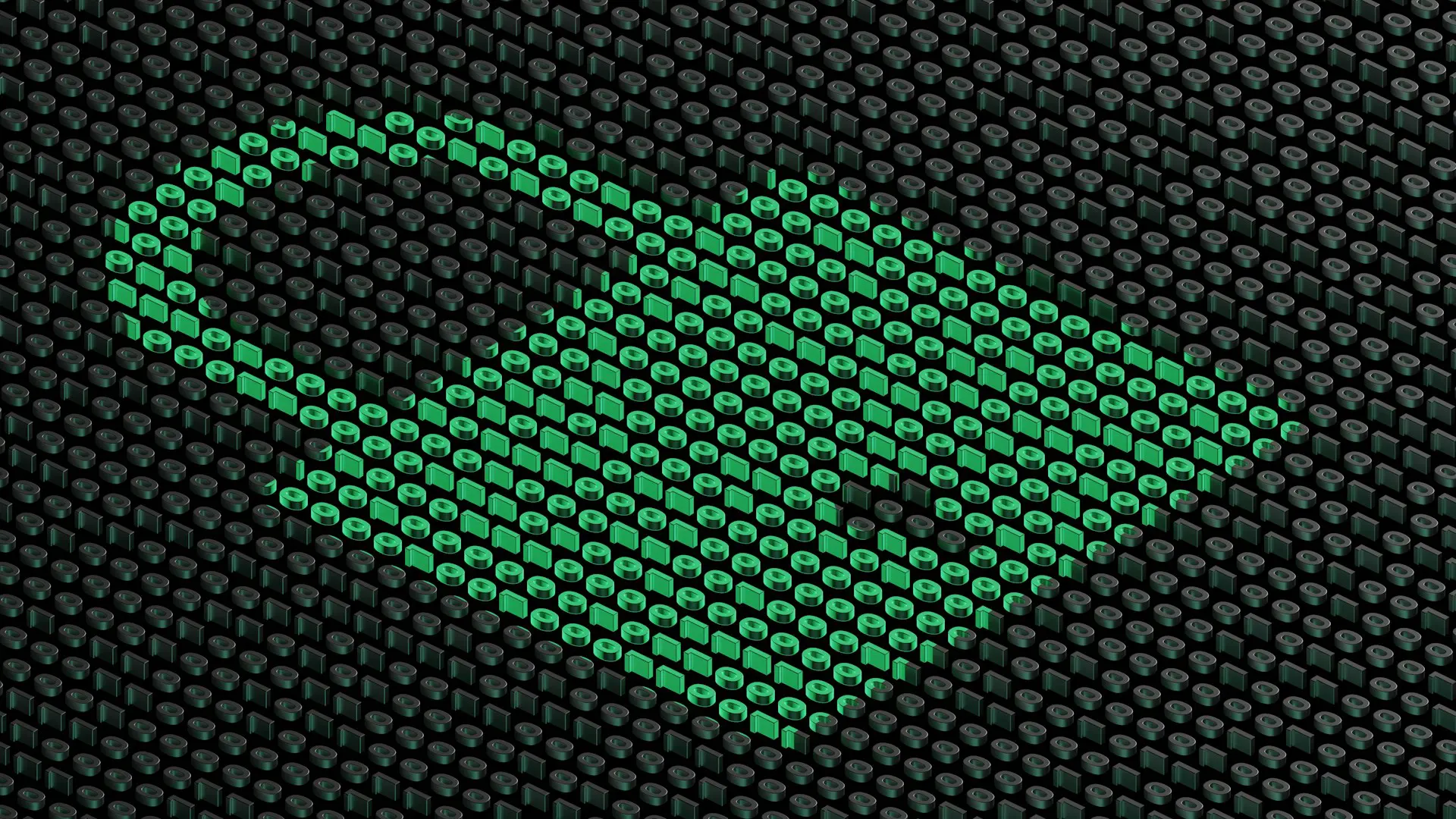 Abstract digital pattern of green glowing shapes on dark background