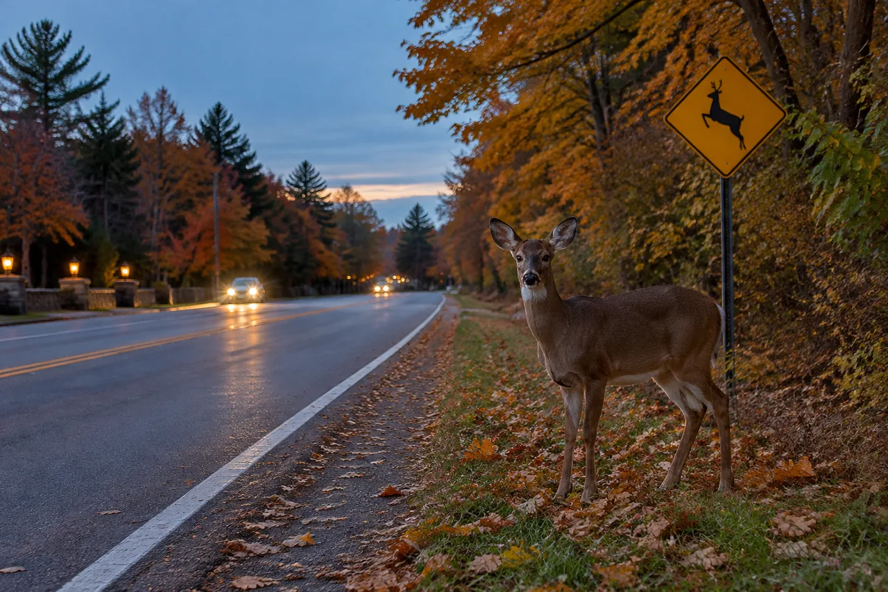 White-tailed deer at the edge of a suburban Illinois road beside an autumn fore… White-tailed deer at the edge of a suburban Illinois road beside an autumn forest preserve at dusk, with headlights in the distance