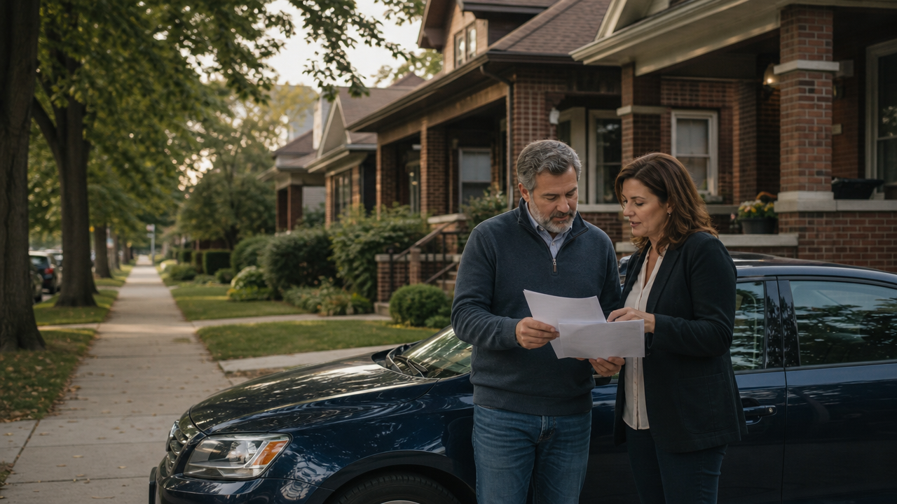Chicago homeowner reviewing home and auto insurance Chicago homeowner reviewing home and auto insurance with a local advisor beside a car