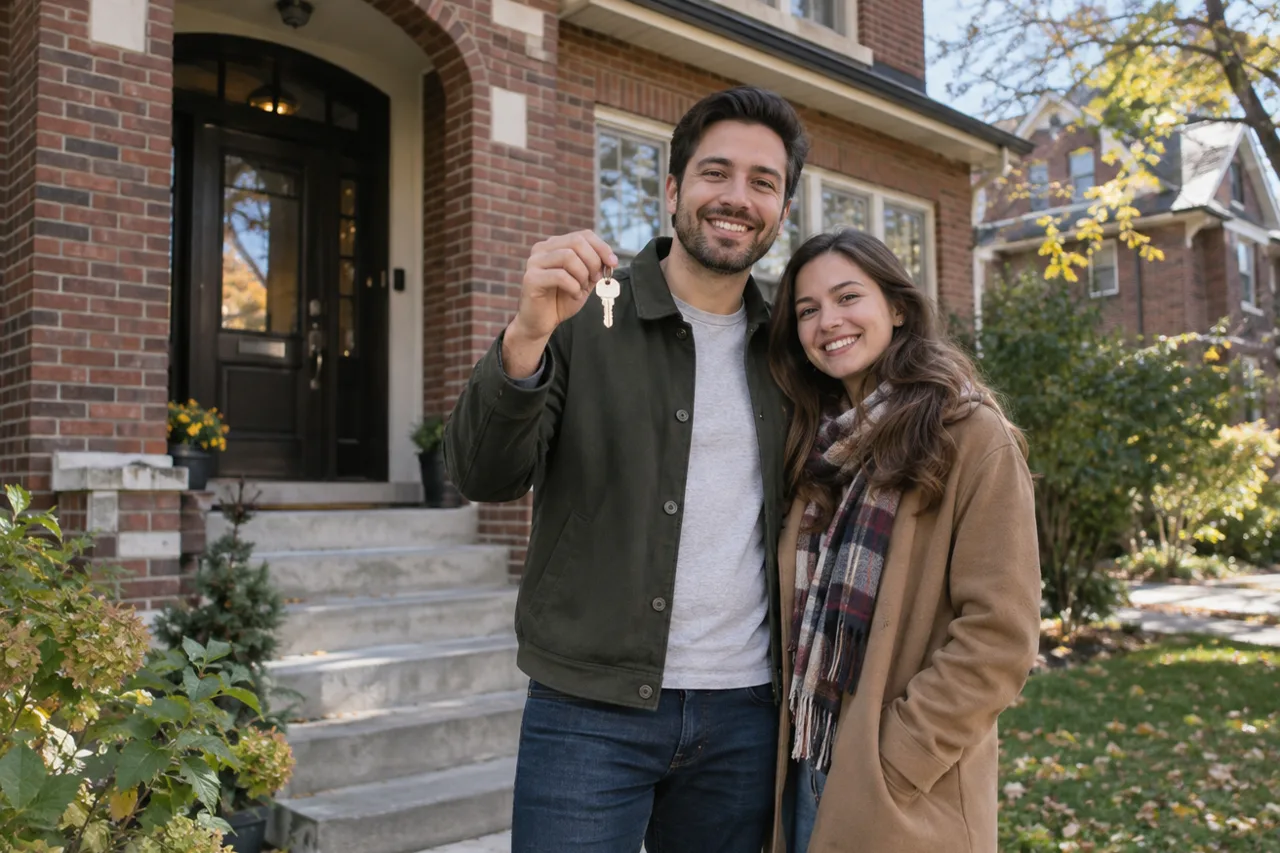 Young couple holding up a new house key on the front steps of a brick Chicago b… Young couple holding up a new house key on the front steps of a brick Chicago bungalow