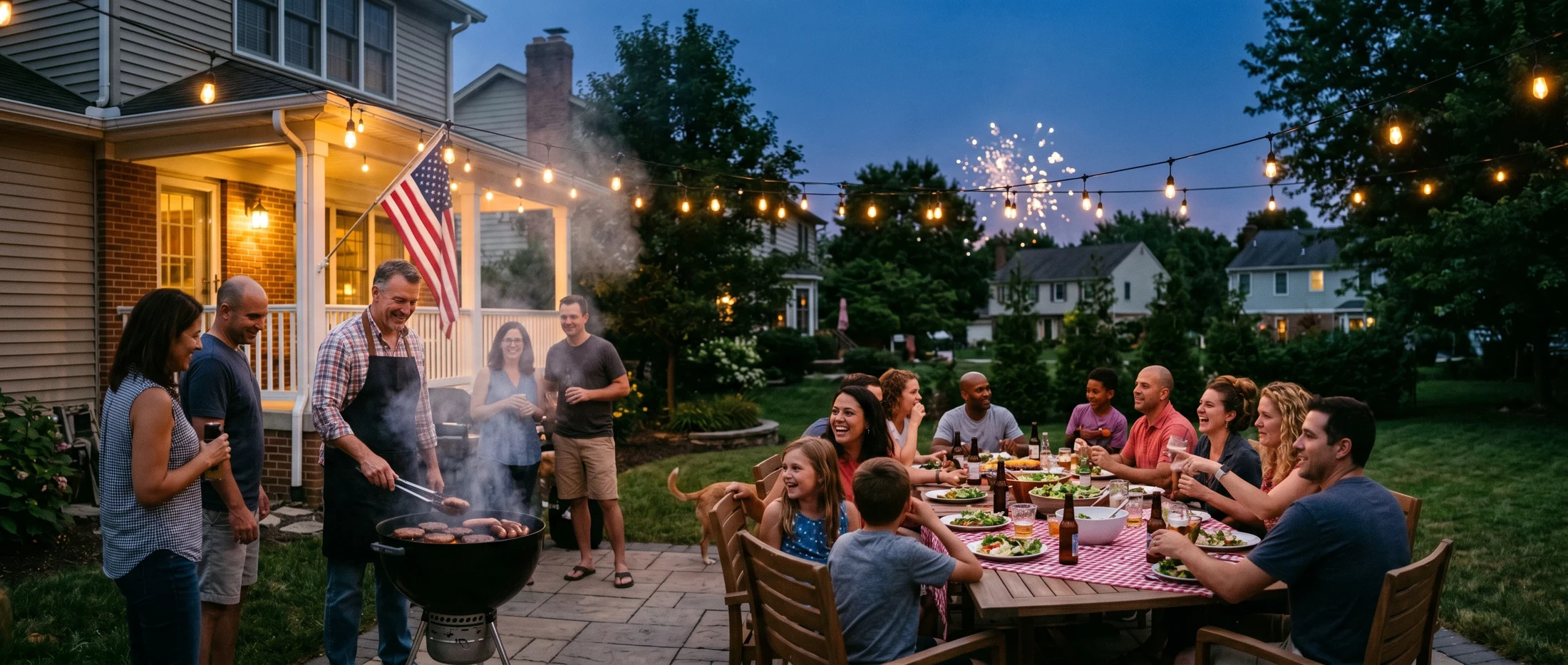 Midwest suburban backyard barbecue on a summer evening with a charcoal grill, family gathered around a patio table, string lights, an American flag, and distant fireworks in the dusk sky