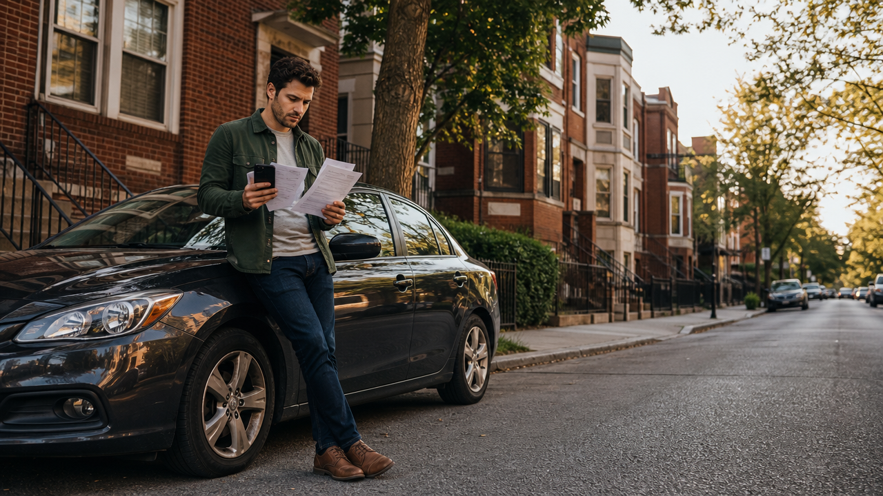 Chicago driver comparing auto insurance quotes beside a parked sedan Chicago driver comparing auto insurance quotes beside a parked sedan