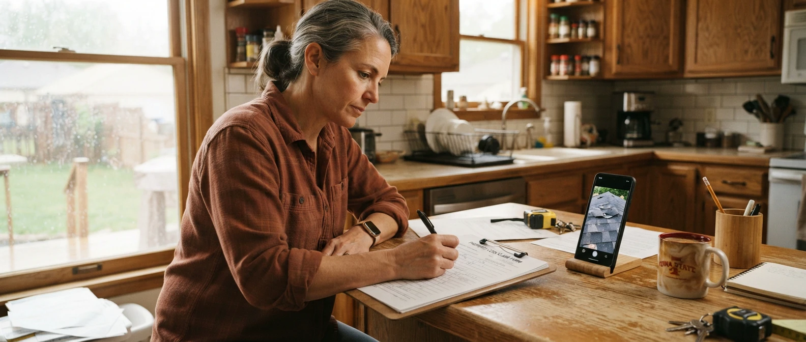 A Midwest homeowner at a kitchen counter documenting storm or hail damage for a… A Midwest homeowner at a kitchen counter documenting storm or hail damage for an insurance claim, a smartphone showing roof close-up photos beside a printed claim form on a clipboard, warm morning light through a window over oak cabinetry