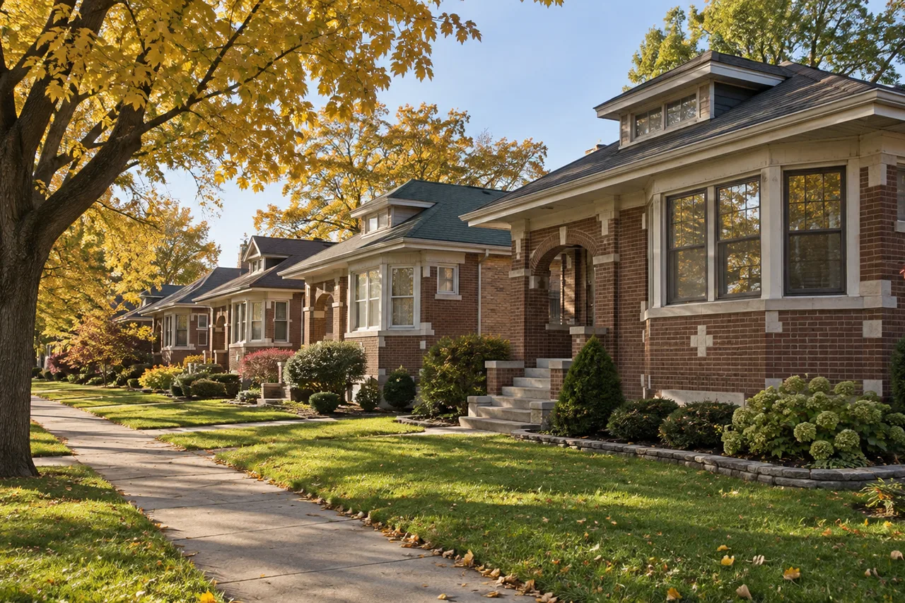 Row of brick Chicago bungalows Row of brick Chicago bungalows with limestone trim on a tree-lined Northwest Side street in early autumn