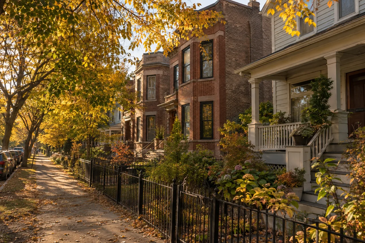 Tree-lined street in Roscoe Village, Chicago Tree-lined street in Roscoe Village, Chicago, with brick two-flats and a frame house with a front porch in autumn