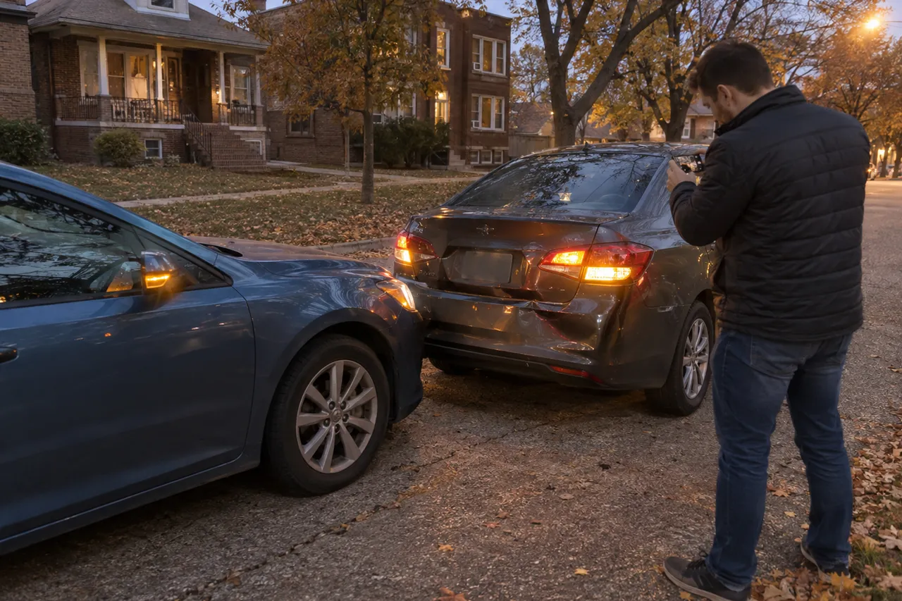 Driver photographing a dented rear bumper after a minor collision Driver photographing a dented rear bumper after a minor collision on a Chicago bungalow street at dusk in the fall