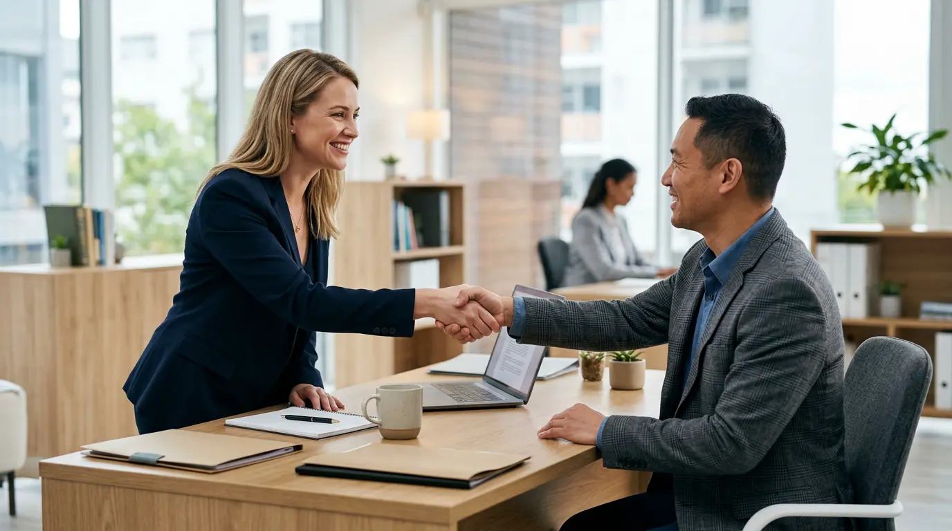 Insurance agent shaking hands with a client in a modern office