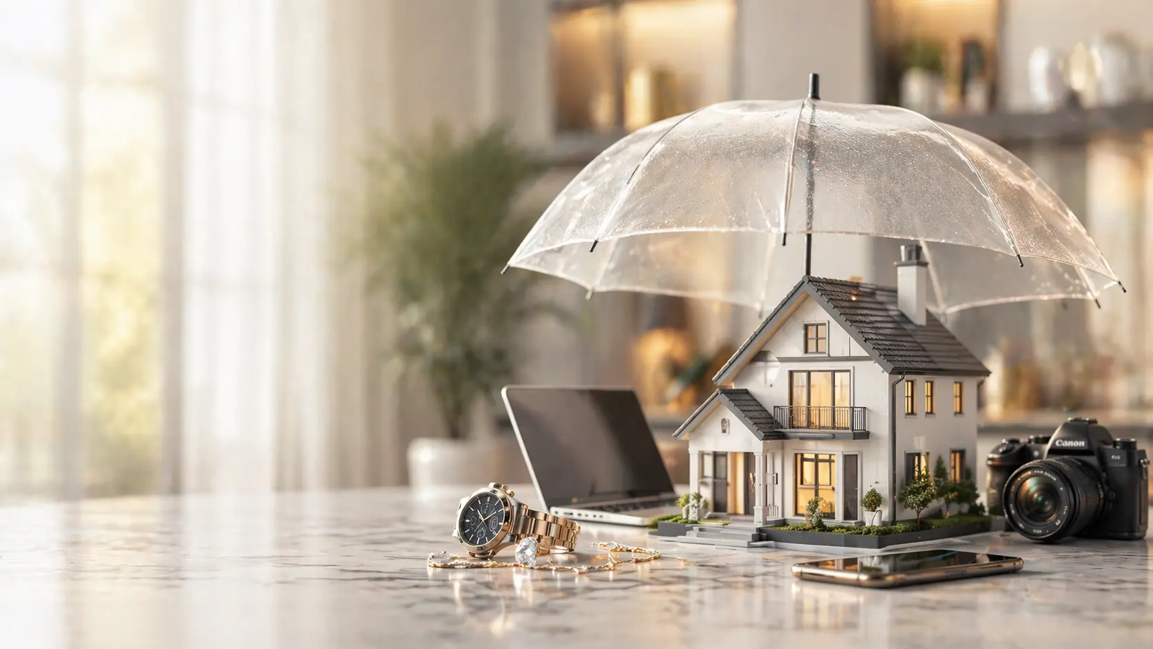 Miniature house under umbrella with valuables like a watch, laptop, and camera