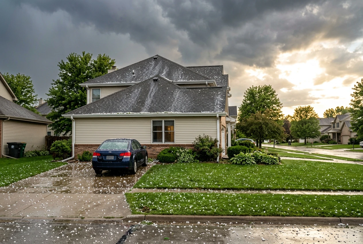 Midwest suburban home with hailstones scattered on the lawn and driveway after a summer hailstorm, storm clouds clearing in the background