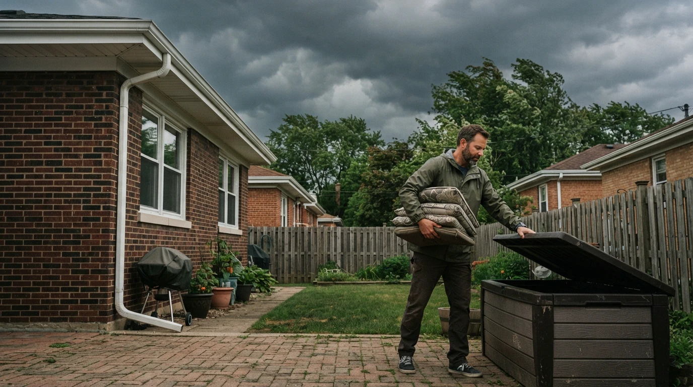 A Midwest homeowner carrying patio cushions into a storage box beside a brick b… A Midwest homeowner carrying patio cushions into a storage box beside a brick bungalow as dark summer storm clouds gather overhead