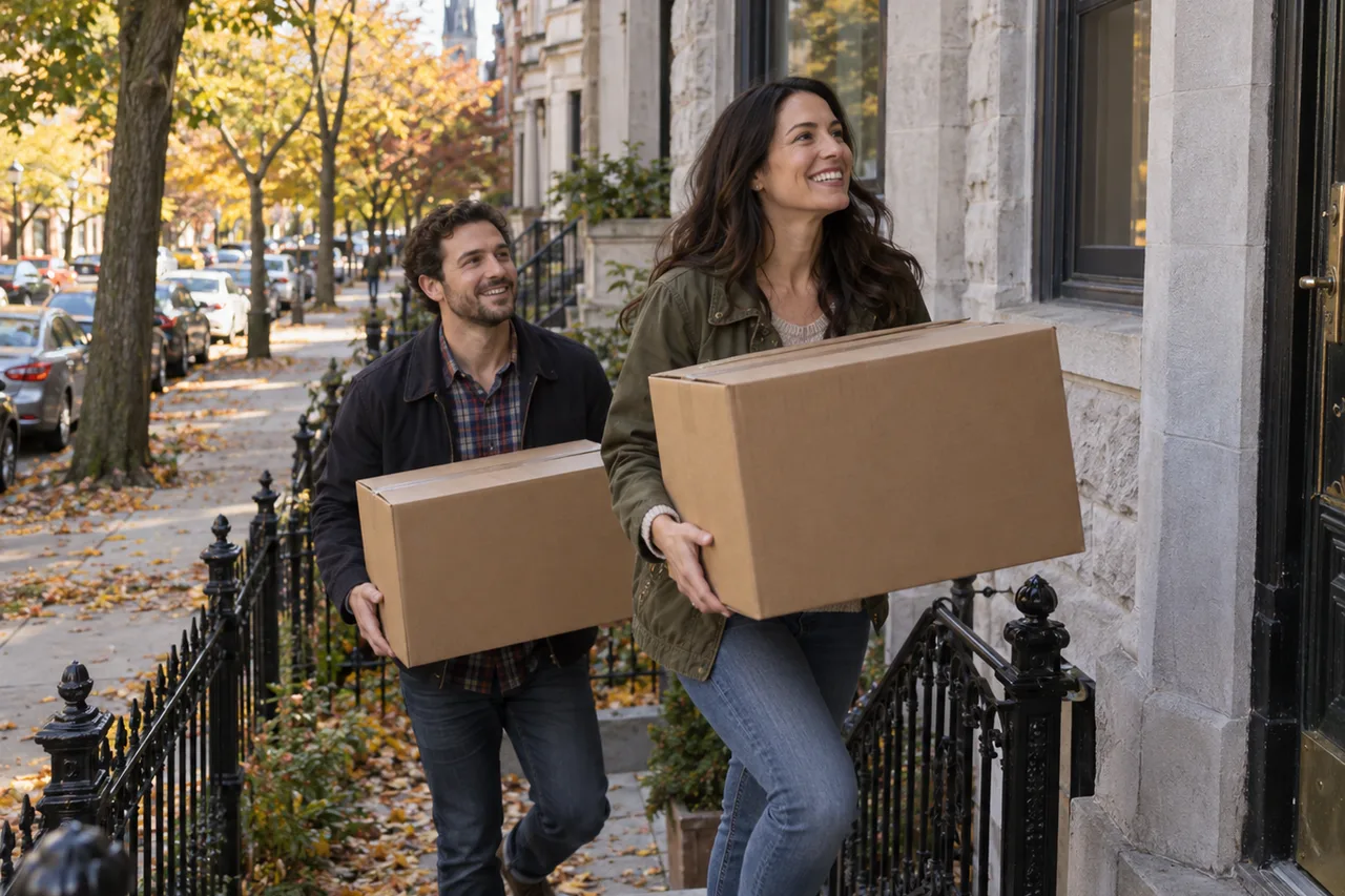 Couple carrying moving boxes up the front steps of a Victorian greystone Couple carrying moving boxes up the front steps of a Victorian greystone on a tree-lined Chicago street in the fall