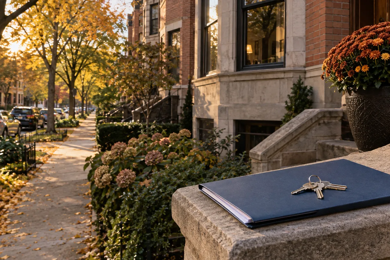 Vintage brick greystone home on a tree-lined Chicago street in autumn Vintage brick greystone home on a tree-lined Chicago street in autumn, with an insurance policy folder and house keys on the front stoop