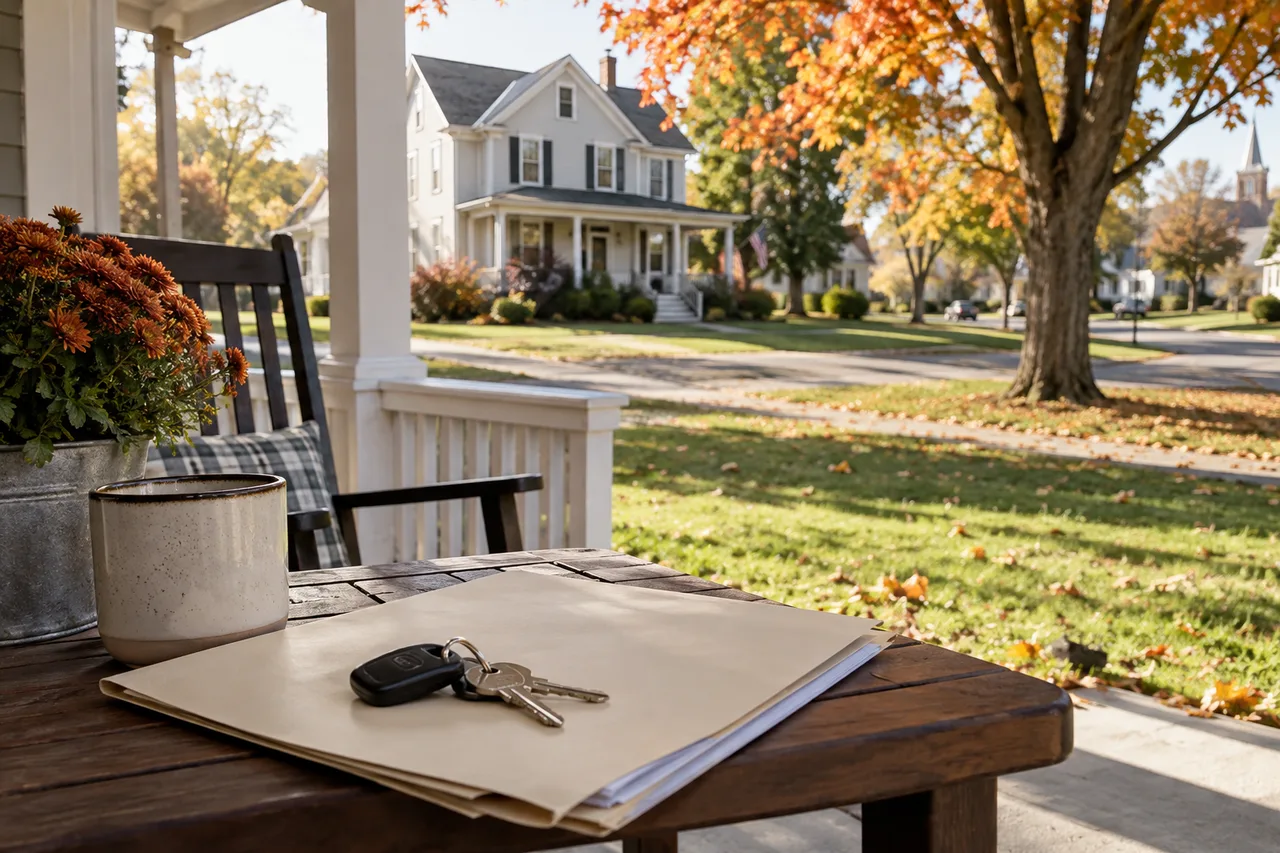 Two-story Indiana family home Two-story Indiana family home with a wide front porch and a maple tree in fall color, with an insurance policy folder and house keys on a porch table