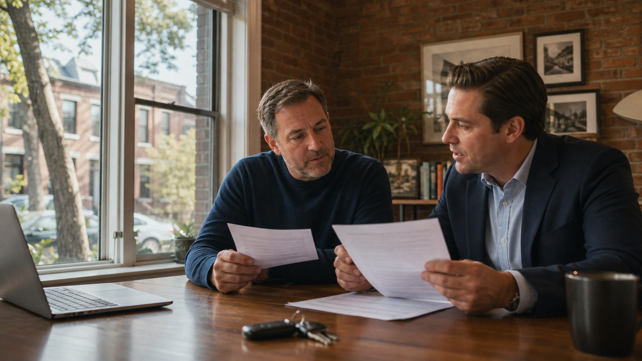 Chicago homeowner and independent insurance advisor reviewing home and auto pol… Chicago homeowner and independent insurance advisor reviewing home and auto policy documents at a table