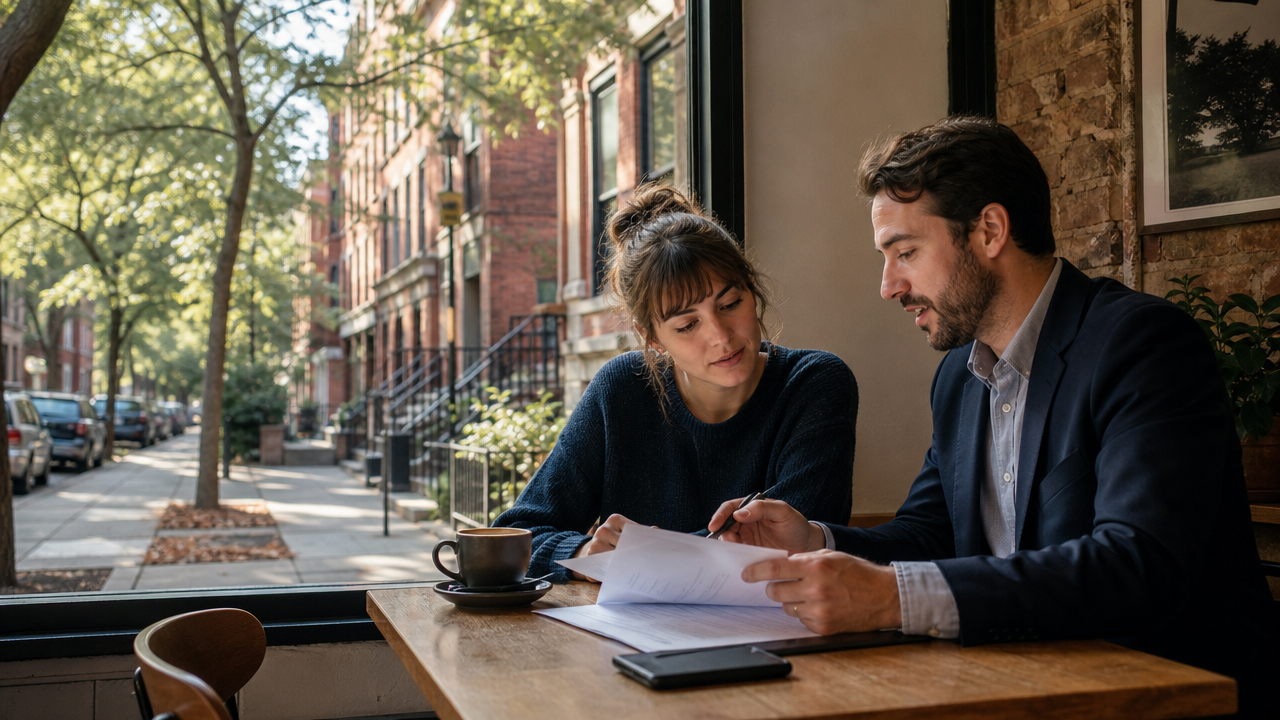A Chicago renter reviewing insurance coverage A Chicago renter reviewing insurance coverage with an independent agent
