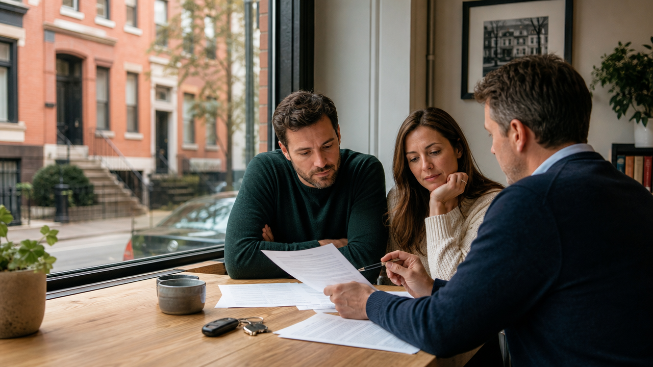 A Chicago couple reviewing home and auto insurance A Chicago couple reviewing home and auto insurance with an independent agent