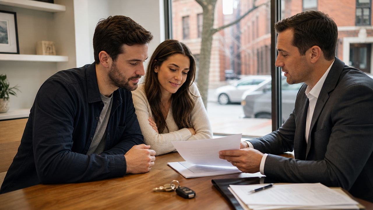 A Chicago couple reviewing an auto and homeowners insurance quote A Chicago couple reviewing an auto and homeowners insurance quote with an independent agent