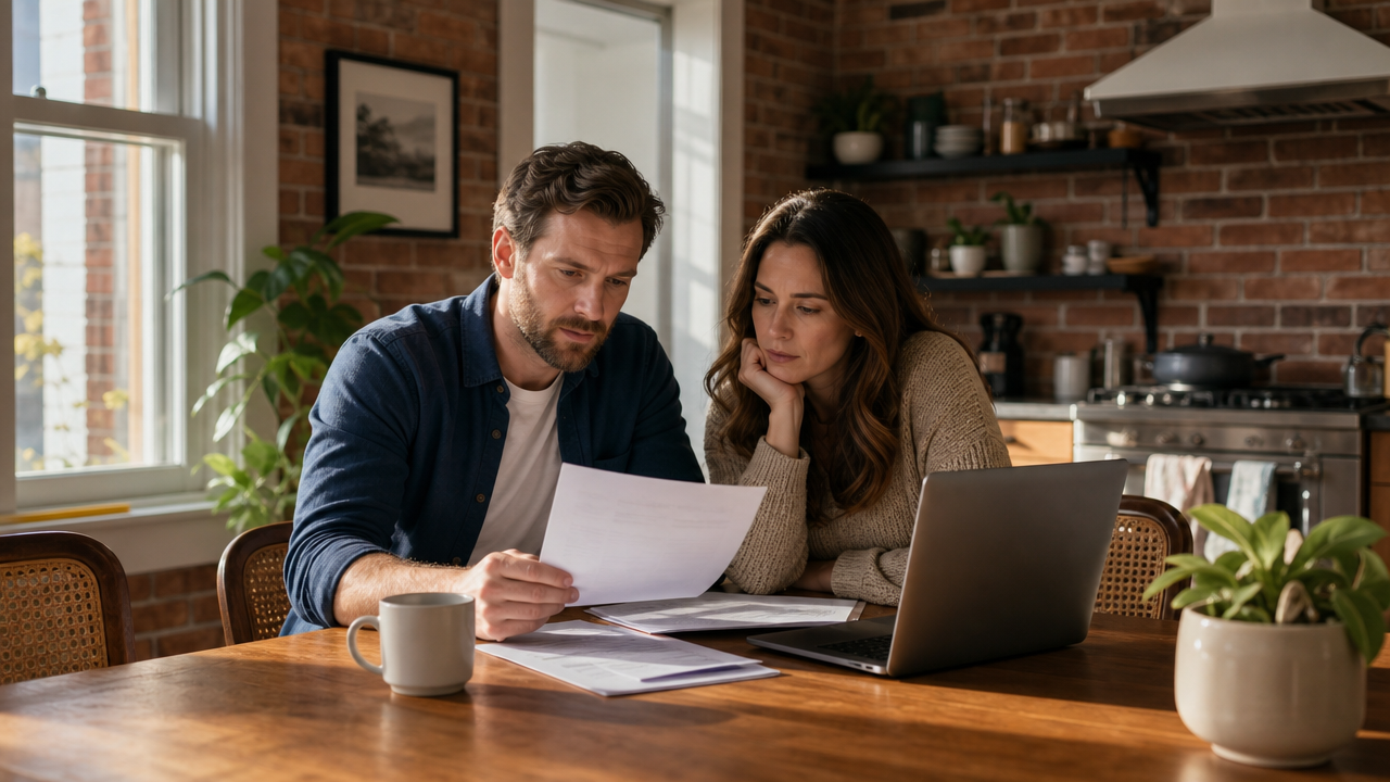 A couple reviewing insurance quotes A couple reviewing insurance quotes on a laptop at their Chicago bungalow kitchen table