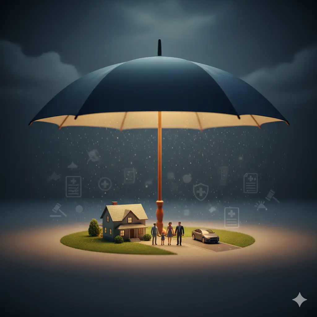 Family protected by a large umbrella representing insurance coverage