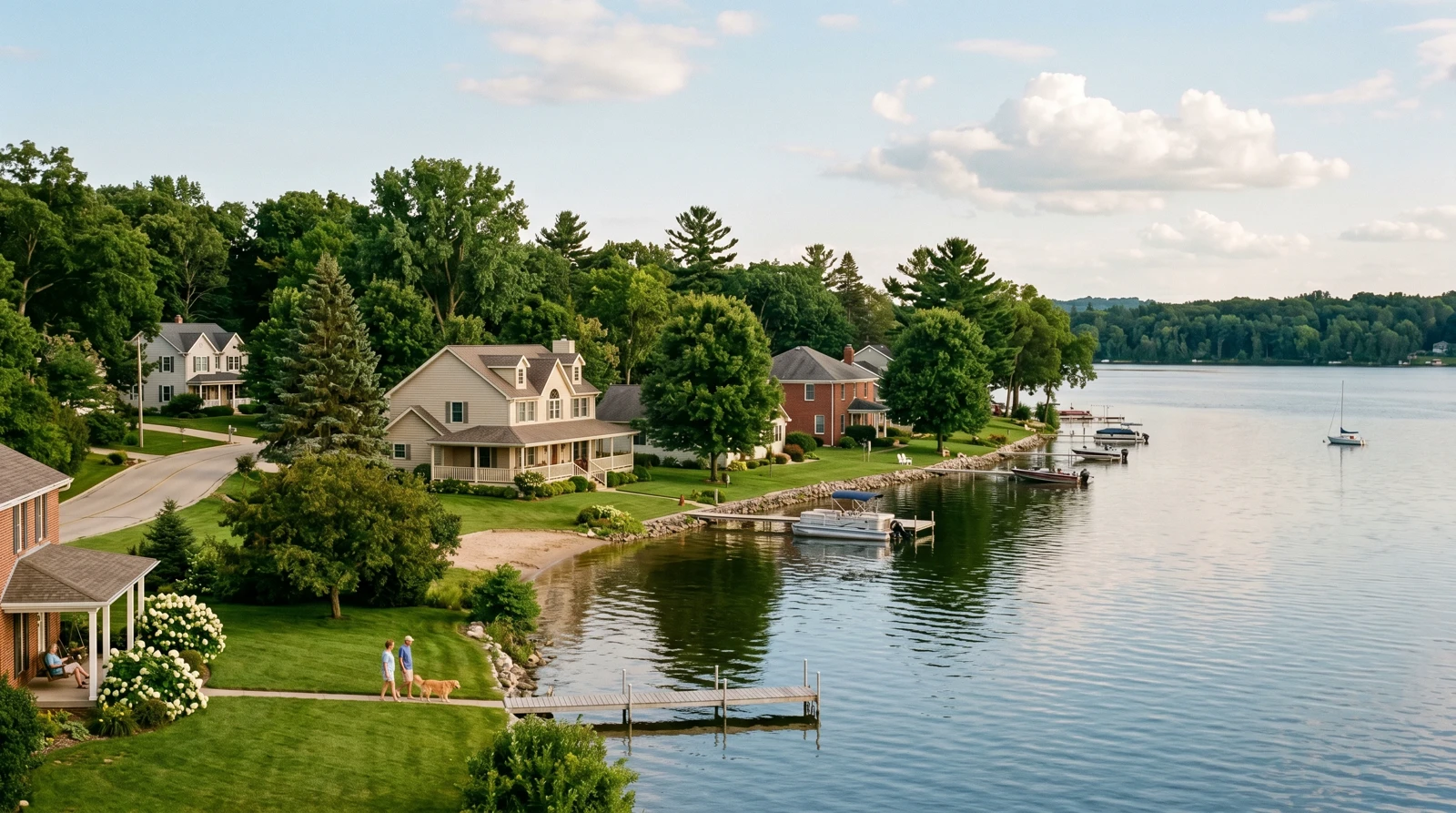 Peaceful Wisconsin lakeside neighborhood with family homes in summer