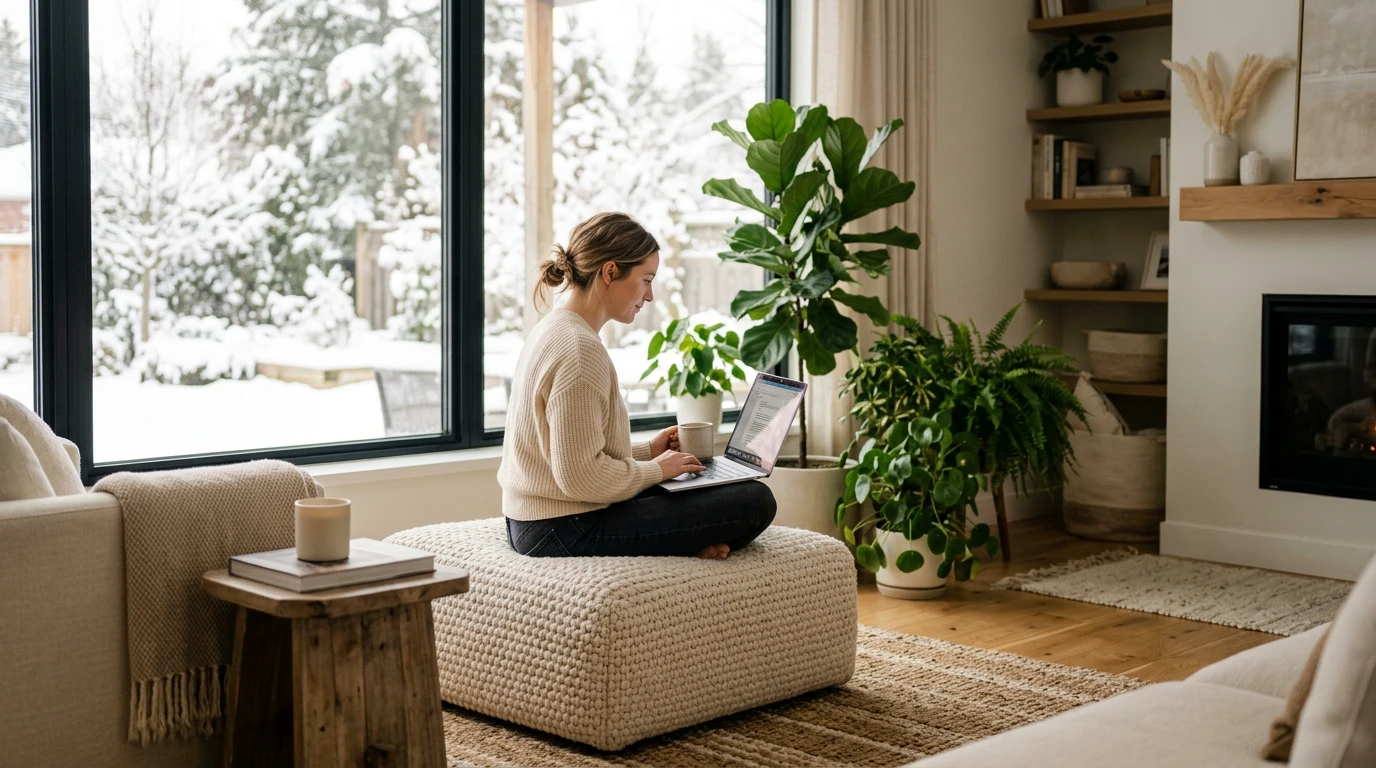 Woman sitting on ottoman using laptop by large window